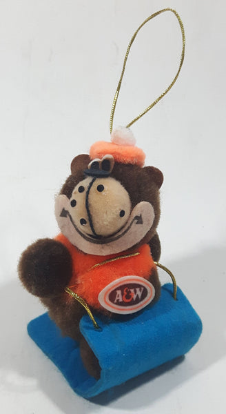 Vintage A&W Root Beer Bear Riding a Blue Toboggan 3 3/4" Tall Plush Stuffed Character Hanging Christmas Tree Ornament