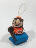 Vintage A&W Root Beer Bear Riding a Blue Toboggan 3 3/4" Tall Plush Stuffed Character Hanging Christmas Tree Ornament
