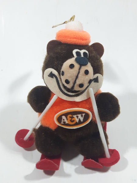 Vintage A&W Root Beer Bear Skiing with Red Skis 3 3/4" Tall Plush Stuffed Character Hanging Christmas Tree Ornament