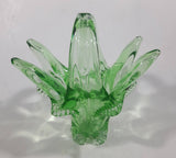 Vintage Flowering Basket Ornate Curved Touching Handles 5 3/4" Tall Bright Green Art Glass Footed Candy Dish