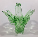 Vintage Flowering Basket Ornate Curved Touching Handles 5 3/4" Tall Bright Green Art Glass Footed Candy Dish