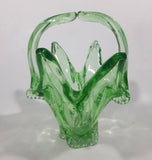 Vintage Flowering Basket Ornate Curved Touching Handles 5 3/4" Tall Bright Green Art Glass Footed Candy Dish