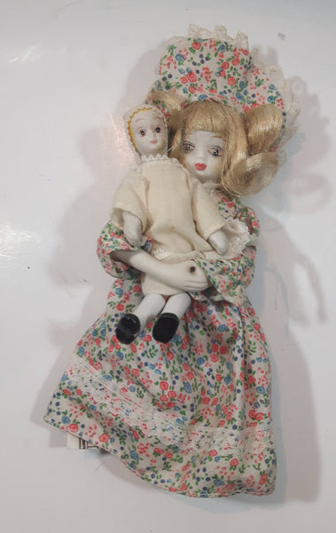 Vintage 10" Tall Doll Holding 5" Tall Small Doll Bendable Wire and Porcelain
