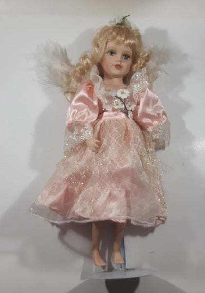 Pink Dress Porcelain Angel with Wings 17 1/2" Tall Doll with Stand