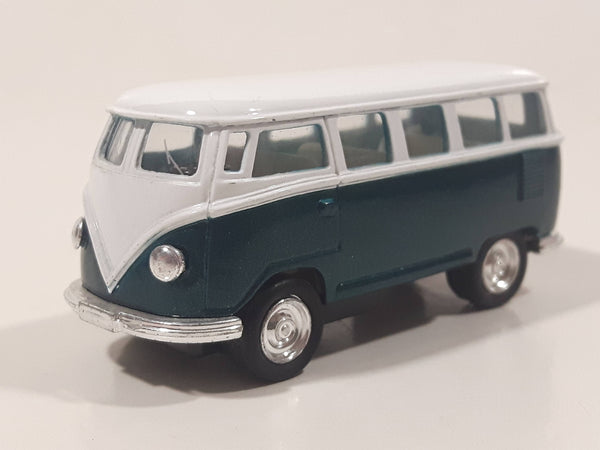 VW Volkswagen Bus White and Dark Green Pull Back Die Cast Toy Car Vehicle