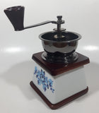 Vintage Cafe Blue Flowers White Porcelain Wood and Metal Coffee Grinder Mill