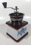 Vintage Cafe Blue Flowers White Porcelain Wood and Metal Coffee Grinder Mill