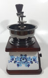 Vintage Cafe Blue Flowers White Porcelain Wood and Metal Coffee Grinder Mill