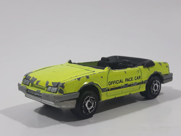 Vintage Majorette No. 227 1986 Ford Mustang Convertible Turbo Fluorescent Yellow Die Cast Toy Car Vehicle with Opening Hood 1/59 Scale Made in France Missing Windshield