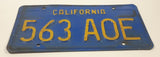Vintage 1969 to 1980 California Blue with Yellow Letters Vehicle License Plate 563 A0E