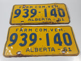 Matching Set of 2 Vintage 1961 Alberta Farm Com. Vehicle Farm Truck Commercial Vehicle Blue Letters Yellow Vehicle License Plate Tag 939 140