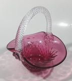 Vintage Rossie Clear Braided Handle Pink Cranberry Embossed Berries 6" Art Glass Basket Shaped Candy Dish