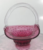 Vintage Rossie Clear Braided Handle Pink Cranberry Embossed Berries 6" Art Glass Basket Shaped Candy Dish
