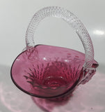 Vintage Rossie Clear Braided Handle Pink Cranberry Embossed Berries 6" Art Glass Basket Shaped Candy Dish