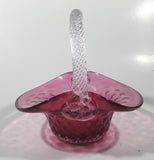 Vintage Rossie Clear Braided Handle Pink Cranberry Embossed Berries 6" Art Glass Basket Shaped Candy Dish