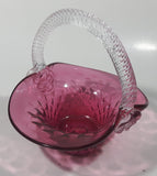 Vintage Rossie Clear Braided Handle Pink Cranberry Embossed Berries 6" Art Glass Basket Shaped Candy Dish