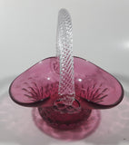 Vintage Rossie Clear Braided Handle Pink Cranberry Embossed Berries 6" Art Glass Basket Shaped Candy Dish