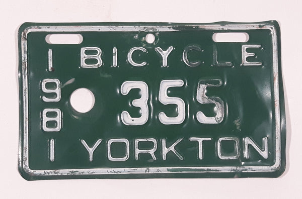 Rare Vintage 1981 Yorkton Saskatchewan White Letters Green Bicycle License Plate Tag 355