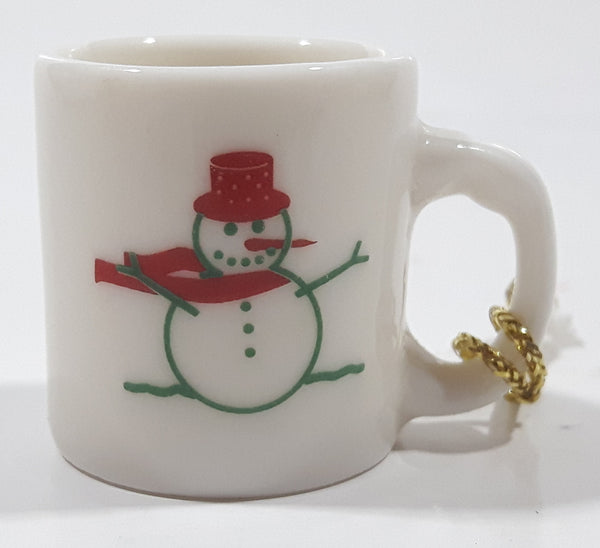 Snowman Themed Miniature 1 1/8" Tall White Ceramic Mug Cup Hanging Christmas Tree Ornament
