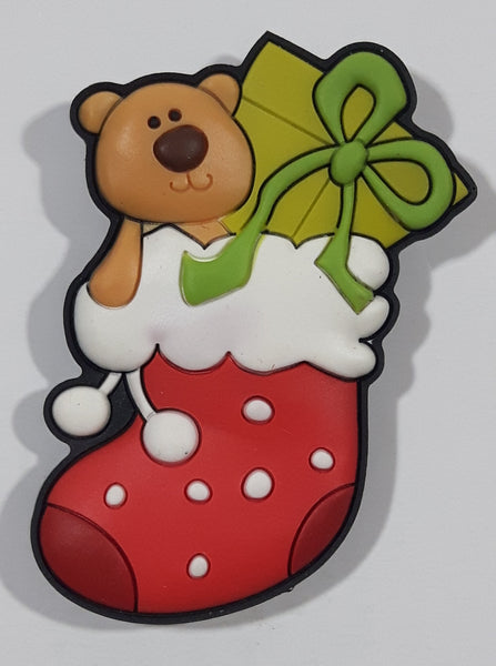 Brown Teddy Bear with Green Christmas Present in Red Stocking 1 1/2" x 2" Thick Rubber Fridge Magnet