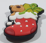 Brown Teddy Bear with Green Christmas Present in Red Stocking 1 1/2" x 2" Thick Rubber Fridge Magnet