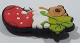 Brown Teddy Bear with Green Christmas Present in Red Stocking 1 1/2" x 2" Thick Rubber Fridge Magnet