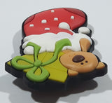 Brown Teddy Bear with Green Christmas Present in Red Stocking 1 1/2" x 2" Thick Rubber Fridge Magnet
