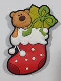 Brown Teddy Bear with Green Christmas Present in Red Stocking 1 1/2" x 2" Thick Rubber Fridge Magnet