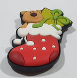 Brown Teddy Bear with Green Christmas Present in Red Stocking 1 1/2" x 2" Thick Rubber Fridge Magnet