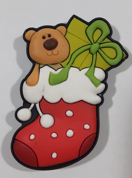 Brown Teddy Bear with Green Christmas Present in Red Stocking 1 1/2" x 2" Thick Rubber Fridge Magnet