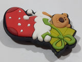 Brown Teddy Bear with Green Christmas Present in Red Stocking 1 1/2" x 2" Thick Rubber Fridge Magnet