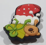 Brown Teddy Bear with Green Christmas Present in Red Stocking 1 1/2" x 2" Thick Rubber Fridge Magnet