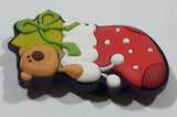 Brown Teddy Bear with Green Christmas Present in Red Stocking 1 1/2" x 2" Thick Rubber Fridge Magnet