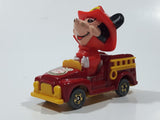 Vintage Tomy Walt Disney Production No. PD-2 Mickey Mouse Fireman Red and Yellow Plastic and Die Cast Metal Toy Car Fire Truck Firefighting Vehicle