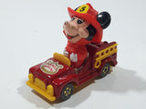 Vintage Tomy Walt Disney Production No. PD-2 Mickey Mouse Fireman Red and Yellow Plastic and Die Cast Metal Toy Car Fire Truck Firefighting Vehicle