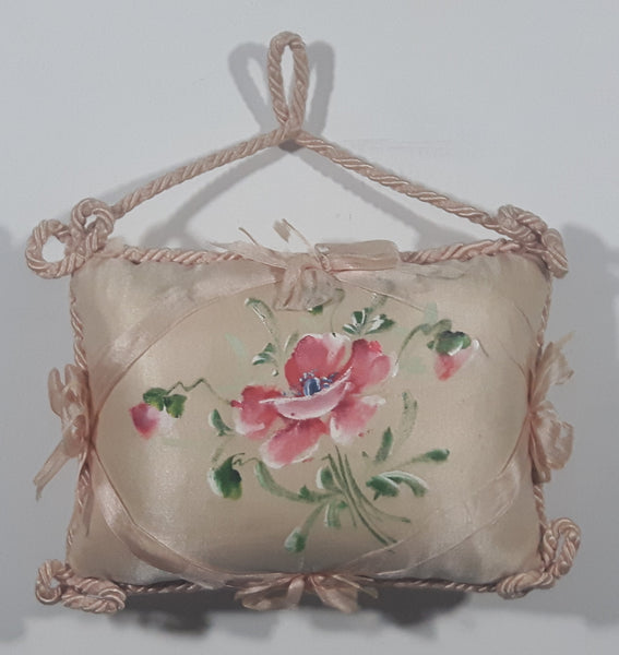Vintage Pink Flower Themed Thick Tightly Stuffed 5" x 7" Taupe Colored Pillow Pin Cushion Wall Hanging