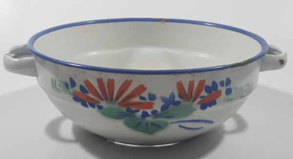 Vintage Peacock 6 1/2" White Blue Rimmed Enamel Bowl For Decor Only