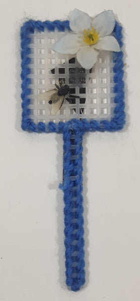Blue Yarn Trimmed Plastic Mesh Fly Swatter with Fly and White Flower 1 3/8" x 4" Fridge Magnet