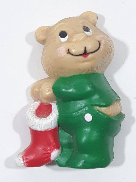 Russ Berries Light Brown Teddy Bear in Green PJs with Red Christmas Stocking 1 1/4" x 1 7/8" Fridge Magnet