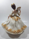 Vintage LJ Lady Jane with Hand Fan White and Orange Yellow Frilled Hand Painted 9 1/2" Tall Ceramic Figurine Statue