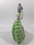 Vintage Lady in Green and Pink Dress with Grey Bonnet 7 3/4" Tall Porcelain Figurine