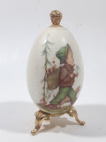 Vintage Hummel Style Boy with Dog and Bag of Puppies 4 1/2" Tall Porcelain Egg On Gold Tone Metal Stand