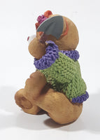 Brown Teddy Bear in Green Purple Sweater with Apple Design Holding Spade Shovel 4" Tall Hand Painted Ceramic Ornament