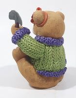 Brown Teddy Bear in Green Purple Sweater with Apple Design Holding Spade Shovel 4" Tall Hand Painted Ceramic Ornament