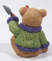 Brown Teddy Bear in Green Purple Sweater with Apple Design Holding Spade Shovel 4" Tall Hand Painted Ceramic Ornament