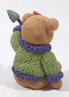 Brown Teddy Bear in Green Purple Sweater with Apple Design Holding Spade Shovel 4" Tall Hand Painted Ceramic Ornament