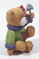 Brown Teddy Bear in Green Purple Sweater with Apple Design Holding Spade Shovel 4" Tall Hand Painted Ceramic Ornament
