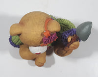Brown Teddy Bear in Green Purple Sweater with Apple Design Holding Spade Shovel 4" Tall Hand Painted Ceramic Ornament