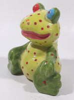 Green and Lime Green Red Speckled Frog with Red and Blue Eyes 4 1/2" Tall Ceramic Figurine