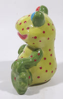 Green and Lime Green Red Speckled Frog with Red and Blue Eyes 4 1/2" Tall Ceramic Figurine